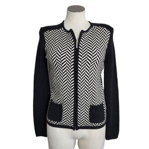 Chaps Herringbone Black Cream Zipper Front Pockets Women's Cardigan Size S   NWT